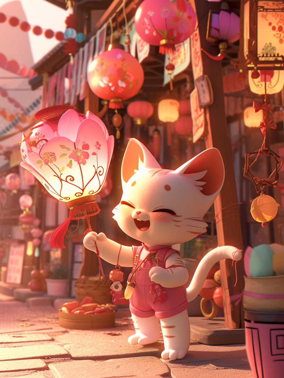 White Cat with Pink Overalls Lantern