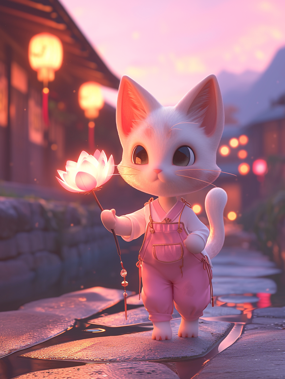 Cute cat in pink overalls with lantern