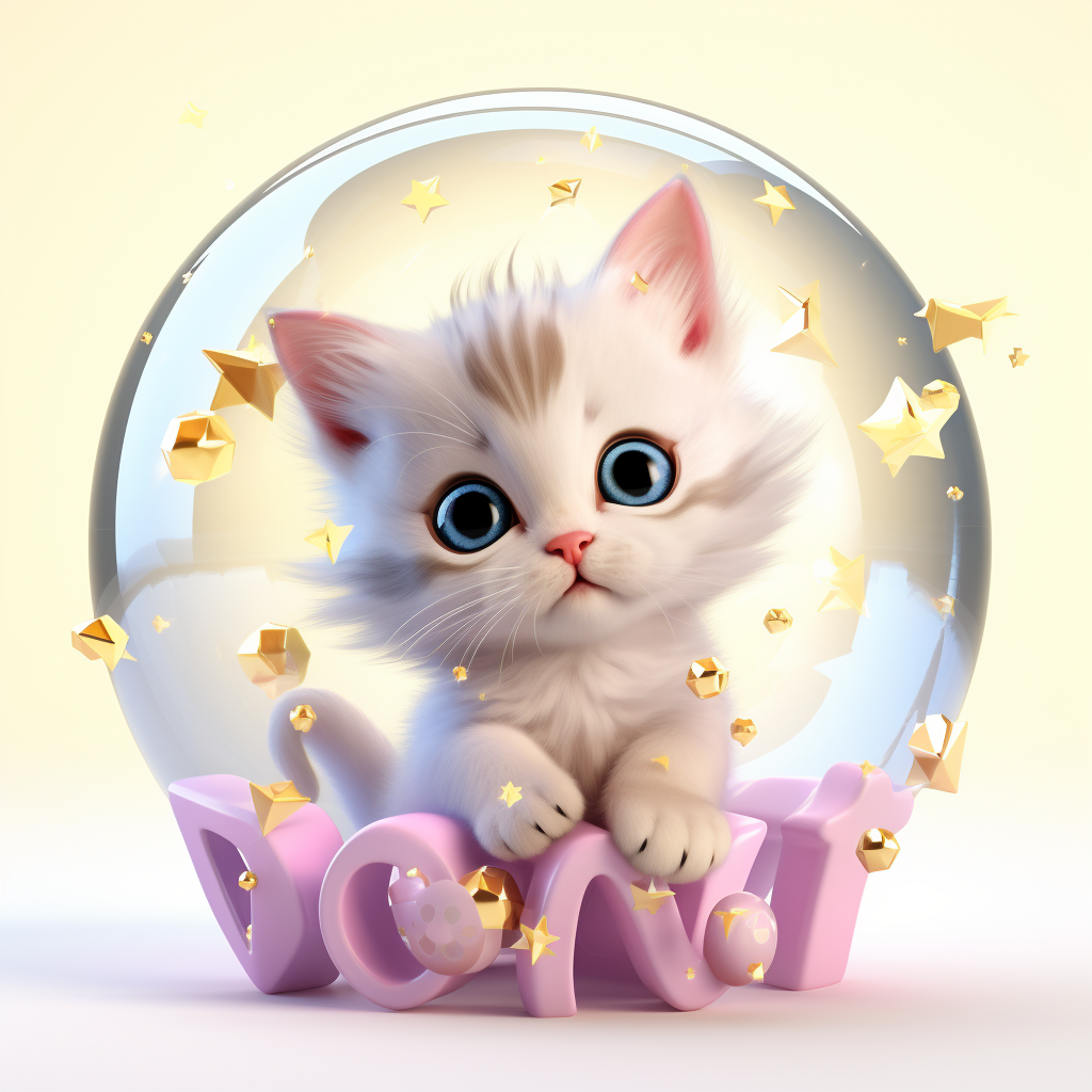 Cute white kitten with blue eyes wearing golden crown in bubble