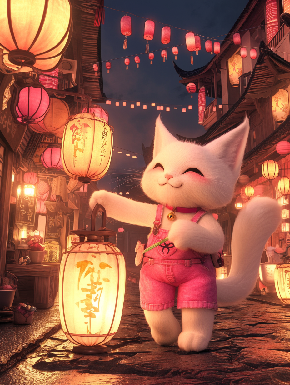 Cute white cat with lanterns