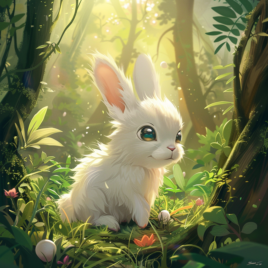 Cute white rabbit in lush forest