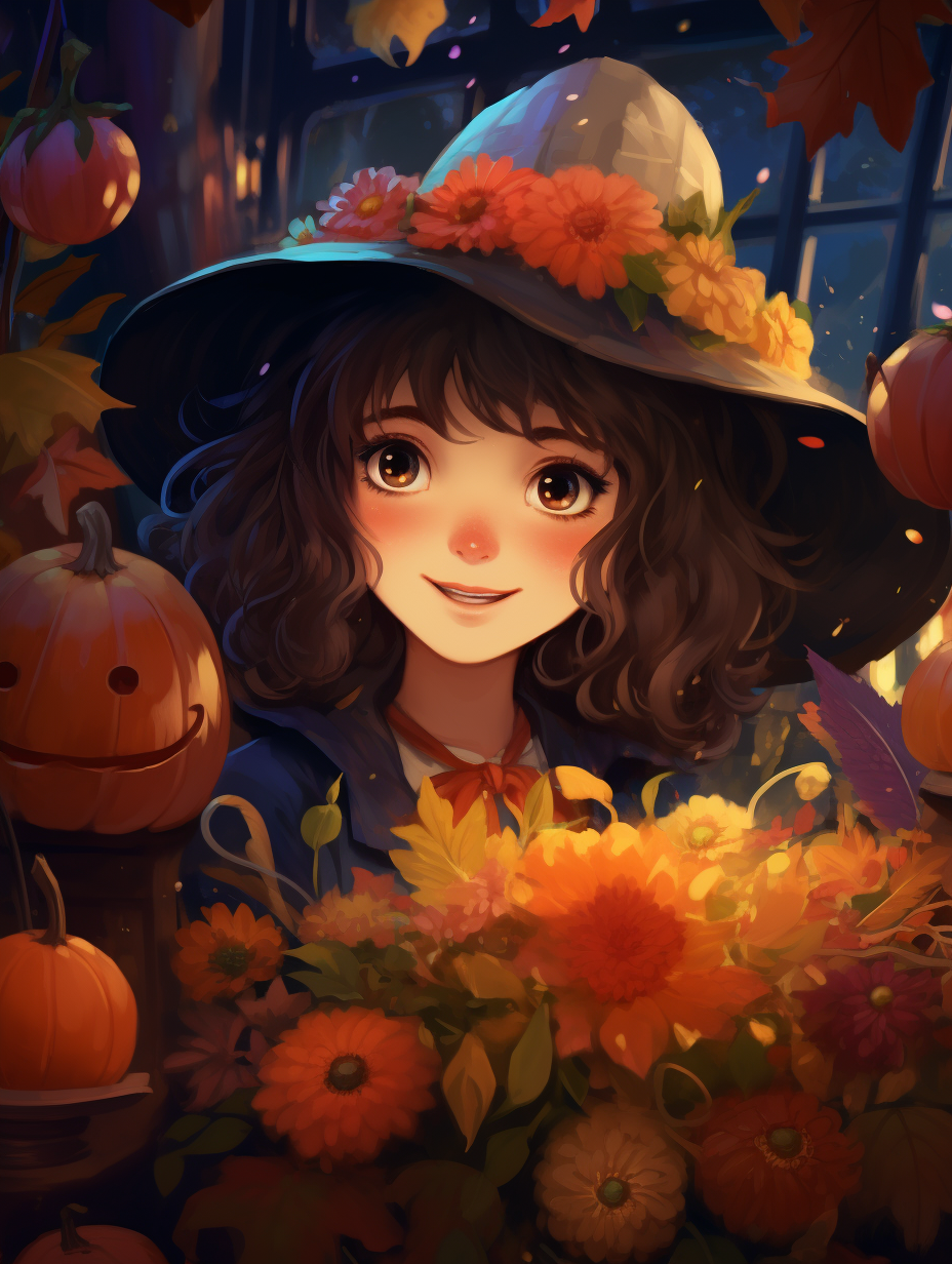 Beautiful Cute Witch with Magical Flowers