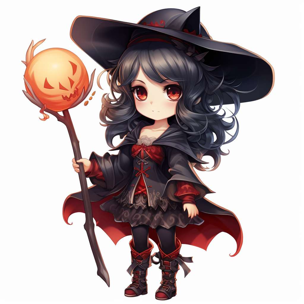 Cute witch with staff in traveling cloak