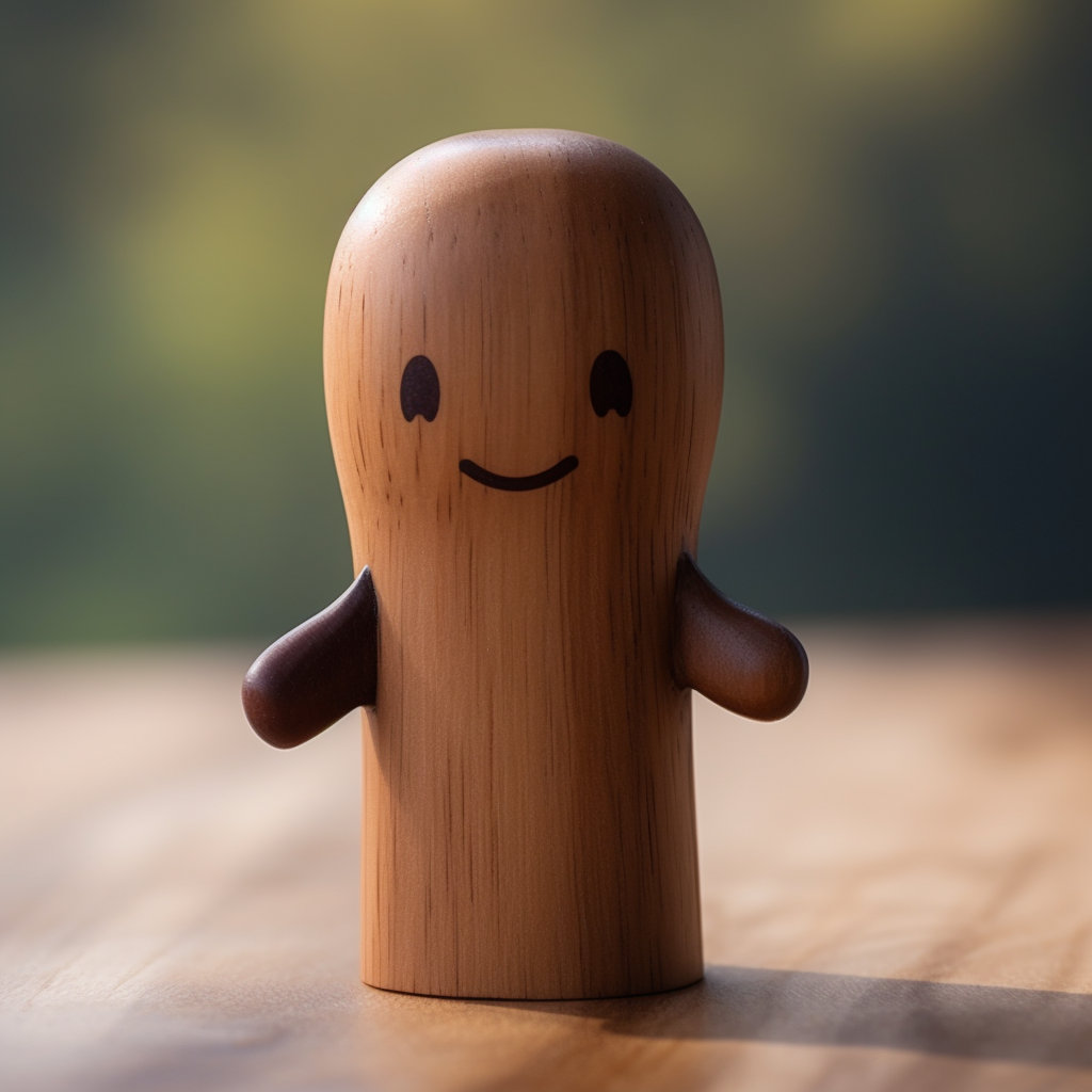 Happy wood figurine salutes on dark background