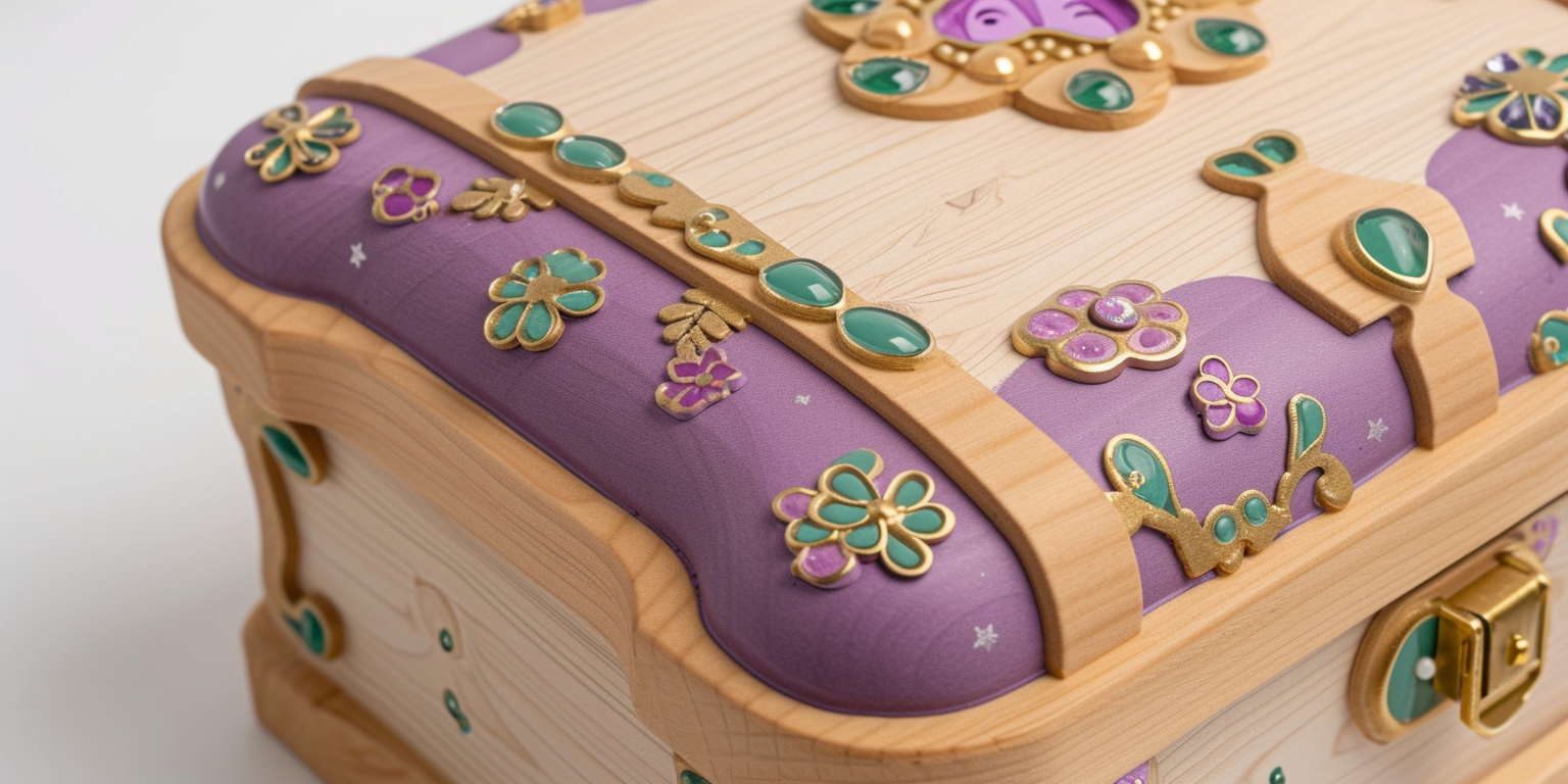 Cute wooden box with purple and gold adornments