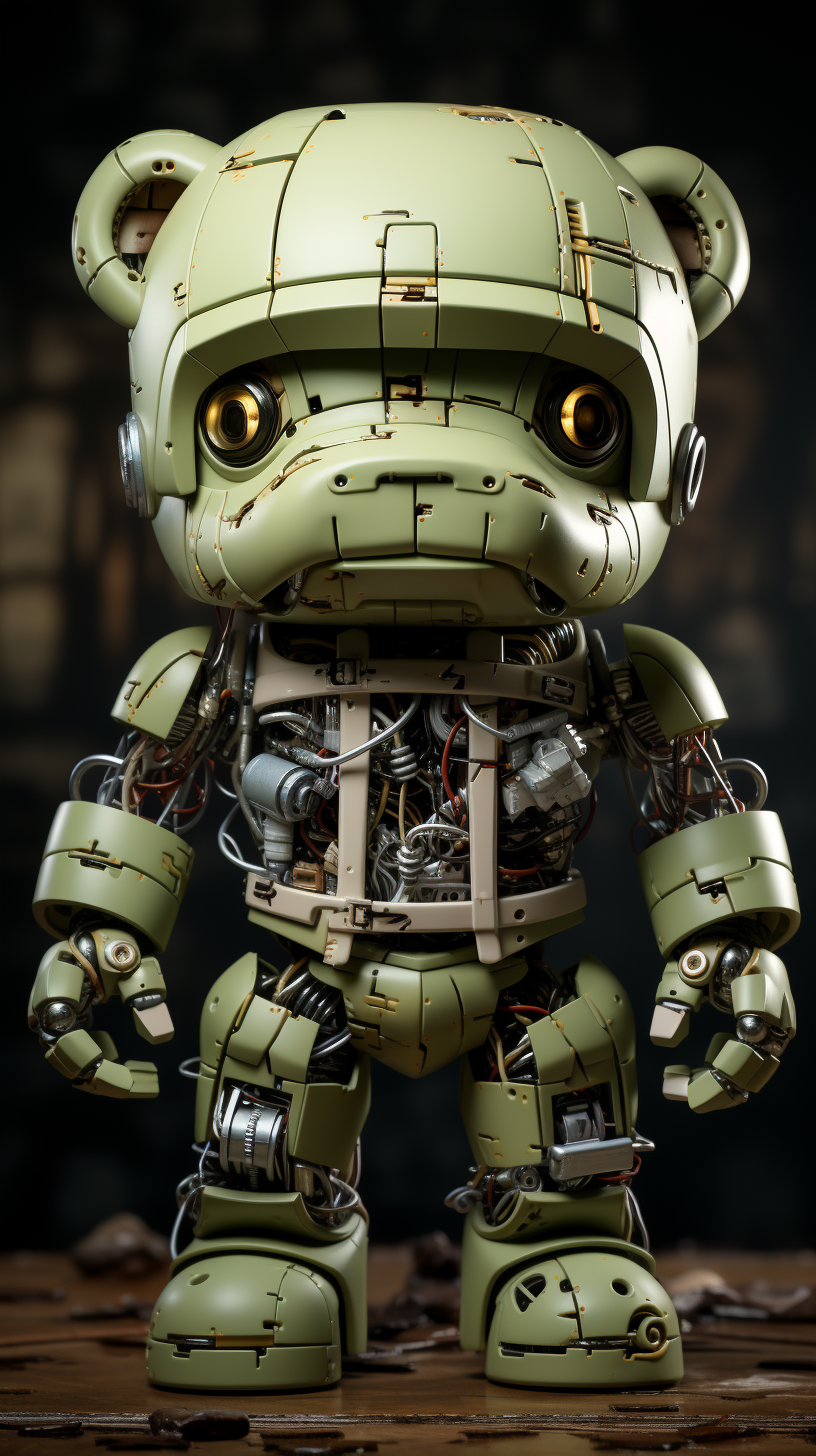 Skeletal structure, wires, and visible gadgets of cute zombie android teddy bear head