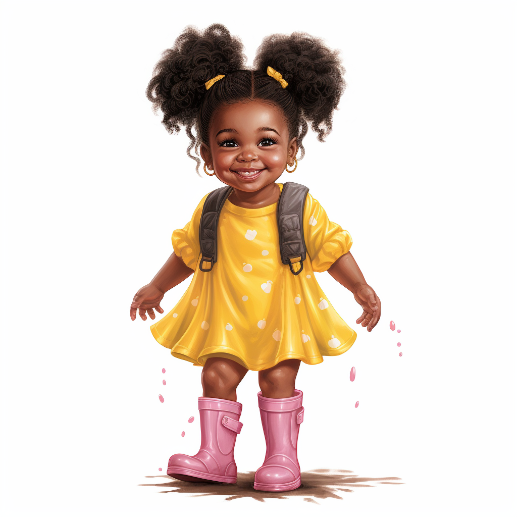 Cute African American girl with pigtails and rain boots