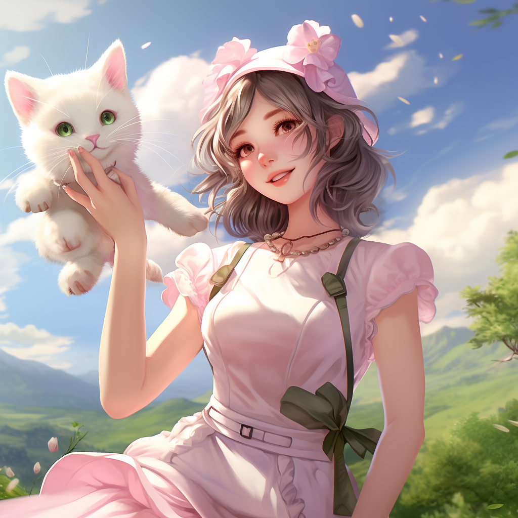 Smiling Anime Girl with White Kitten