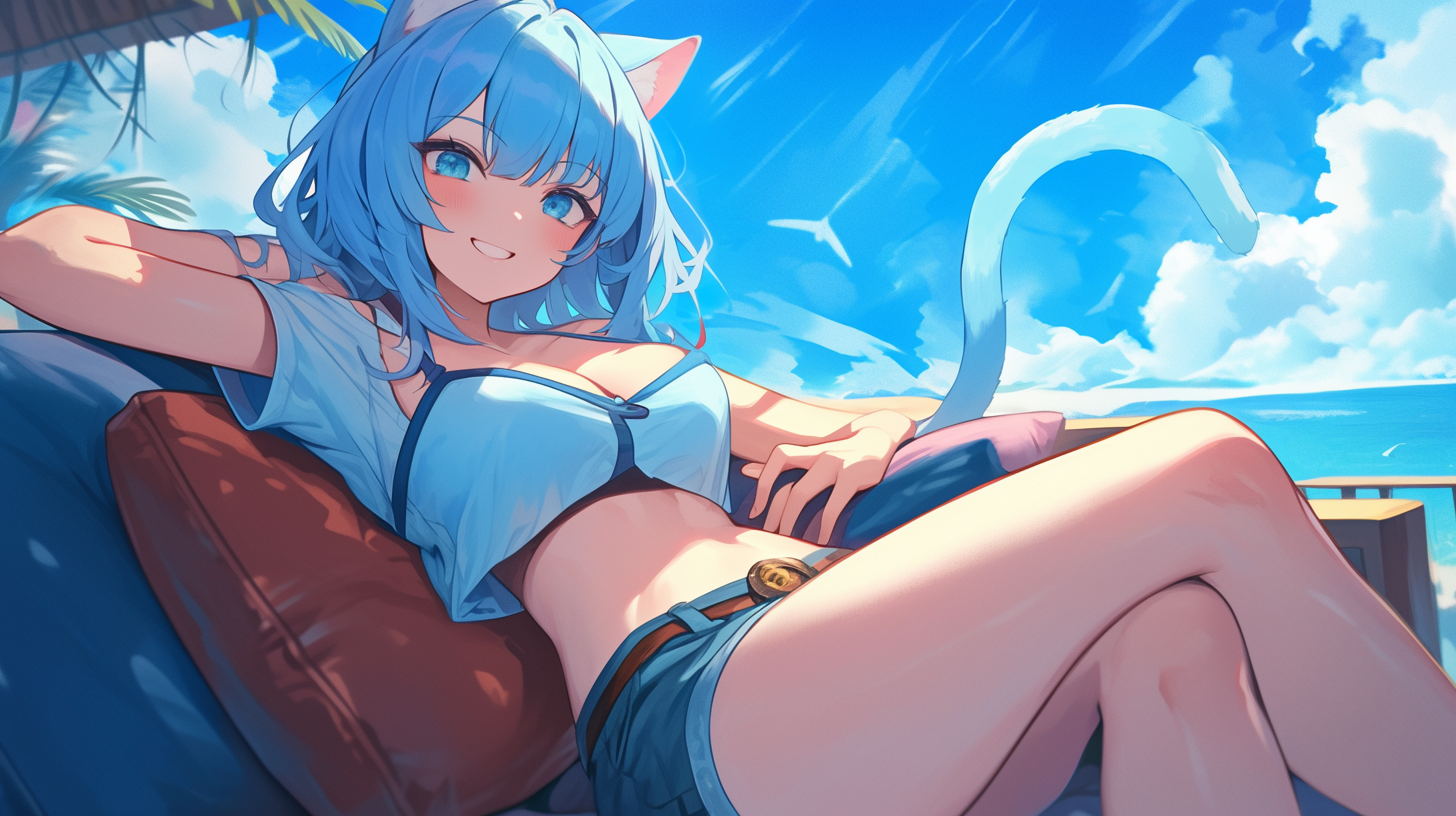 Cute neko woman on beach sofa