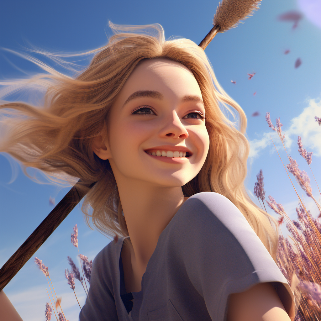 Blonde girl flying over lilac field