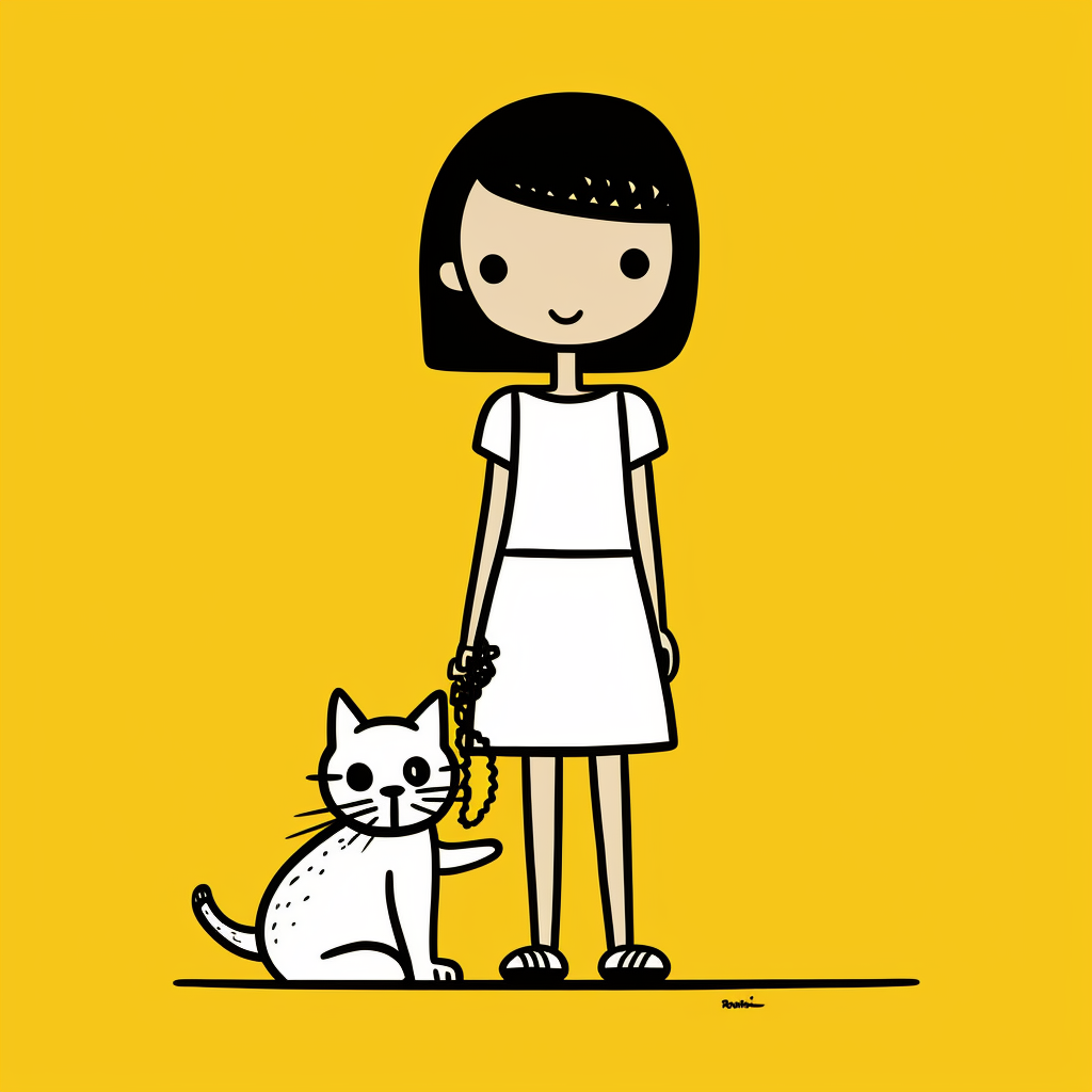 Cartoon girl holding white kitten