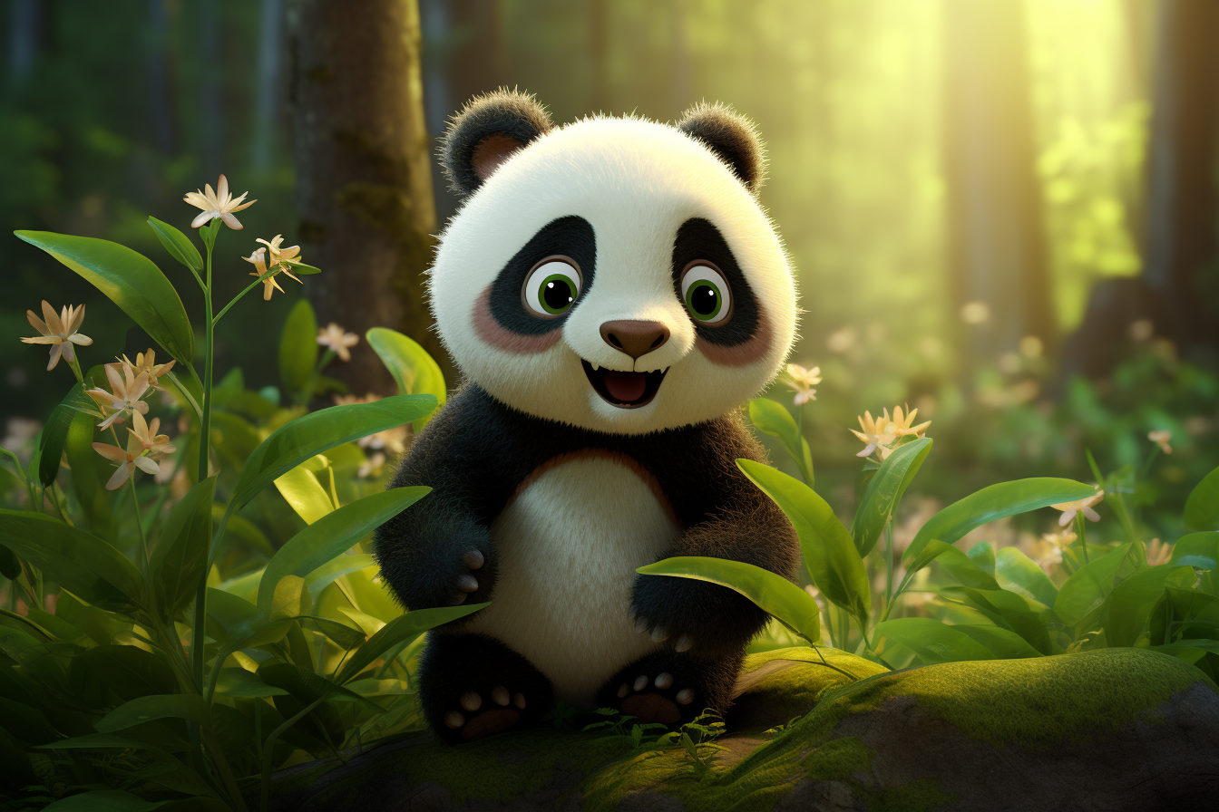 Cute Cartoon Panda in Photorealistic Forest