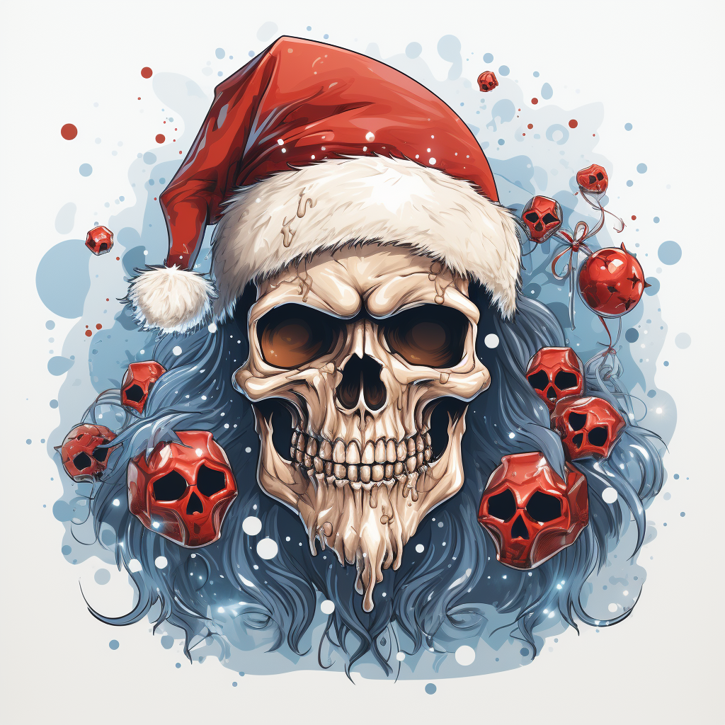 Cartoon Santa Skull with Snowflake Sparks  (6 words)