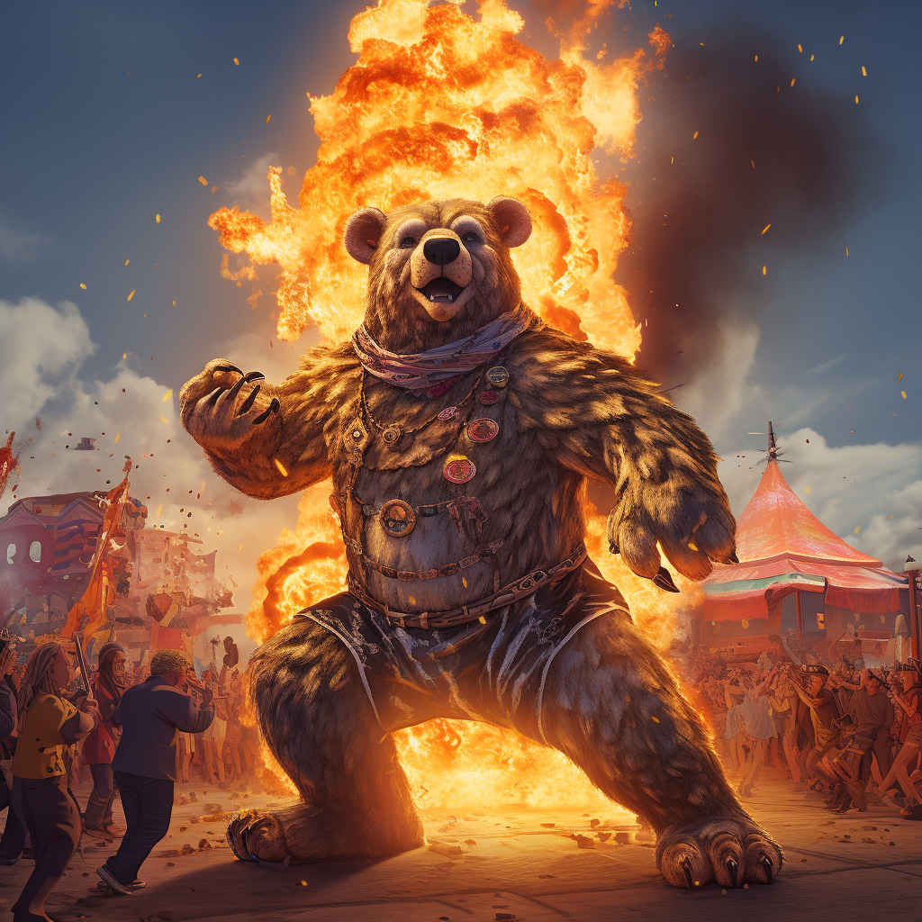 Colorful furry dancers around burning bear sculpture