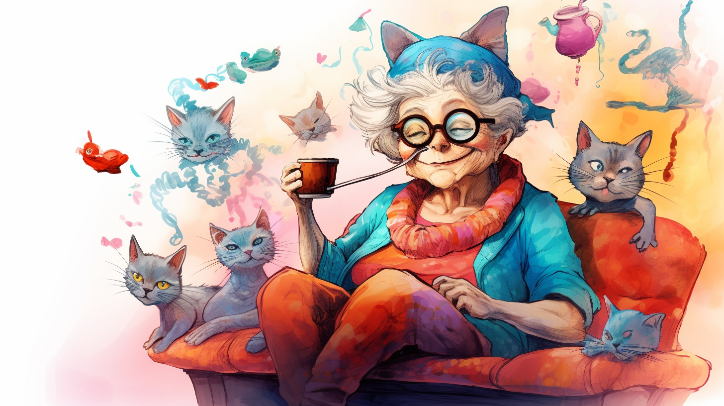 Cartoon Granny with Coffee and Cats