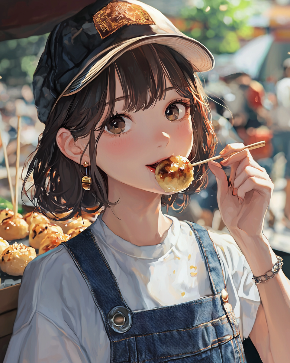 Japanese girl eating takoyaki