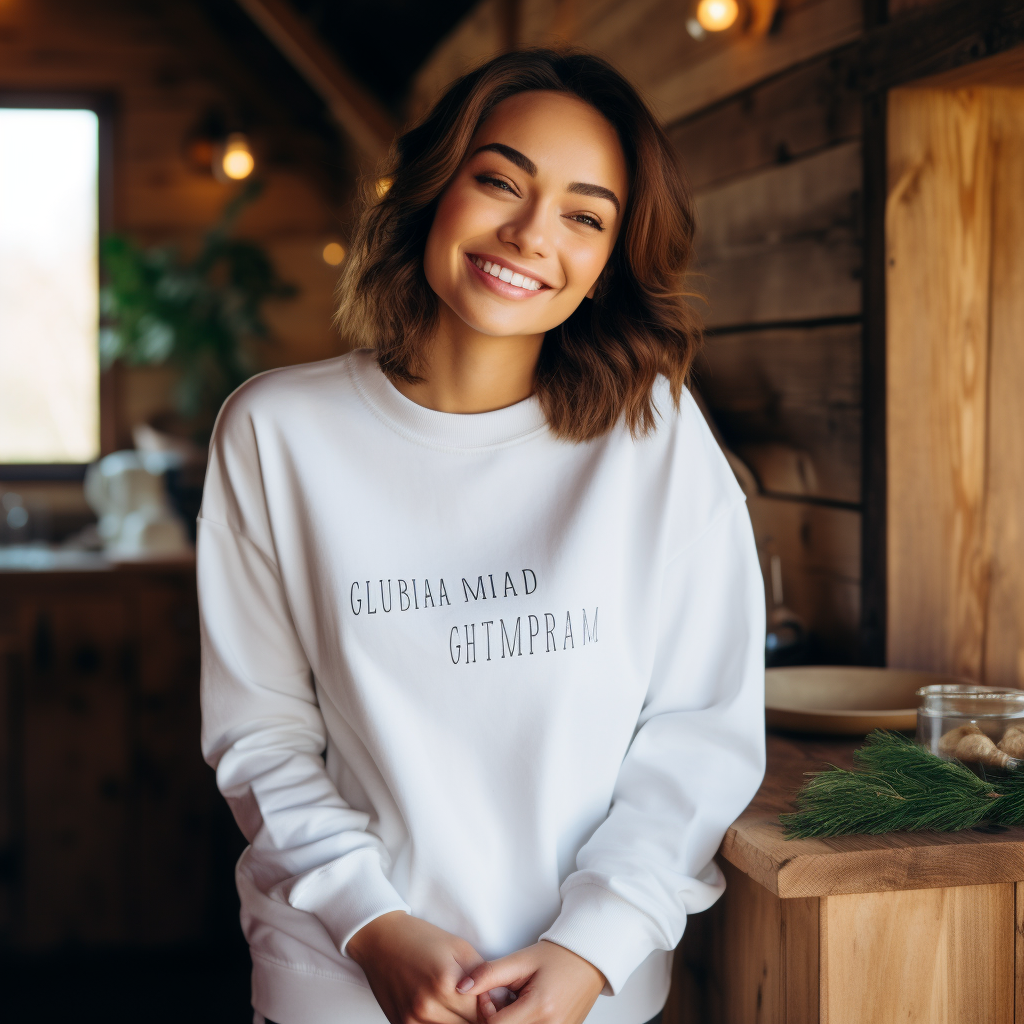 Stylish woman with cute pose wearing white crewneck sweatshirt