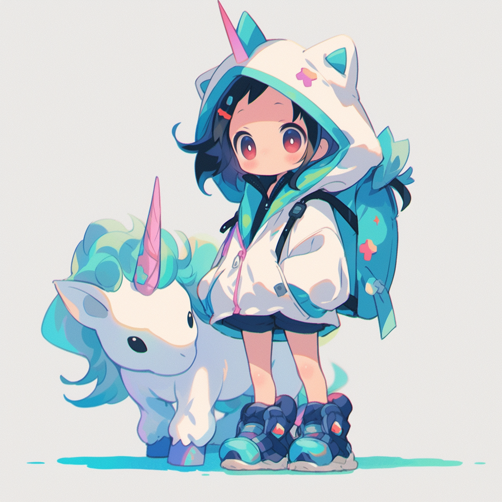 Girl riding white unicorn - cyan, blue, and green outfit