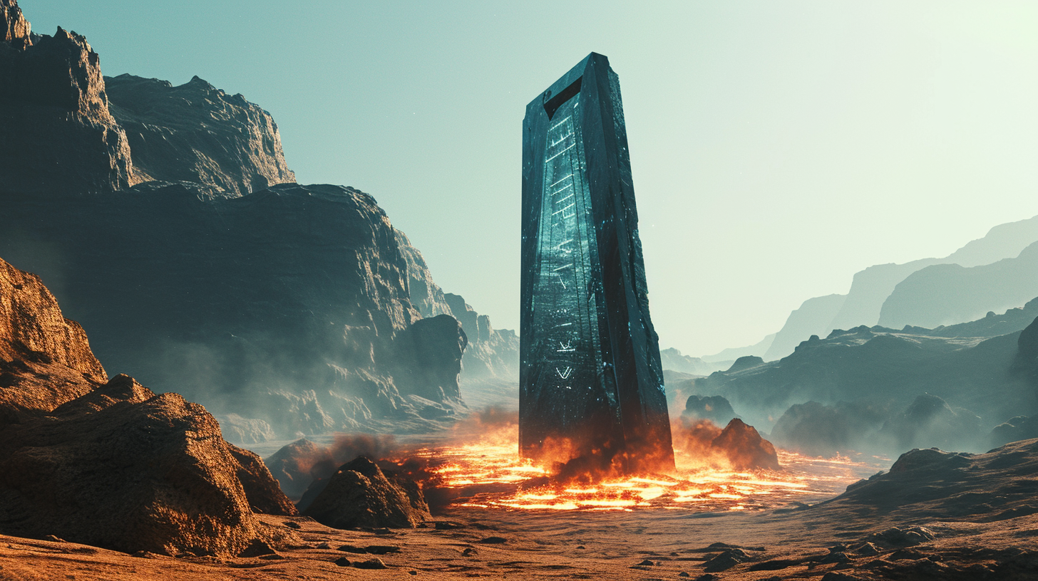 Cyan monolith with glowing inscriptions in desert  (6 words)