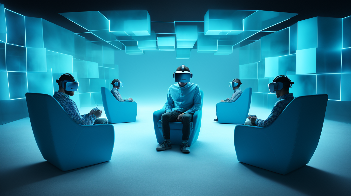 Four people wearing VR headsets in cyan-themed room