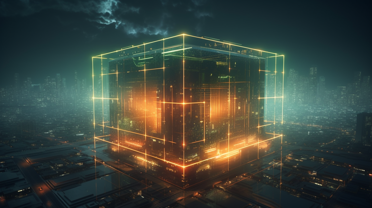 Giant floating cyber cube in the cinematic cyber city