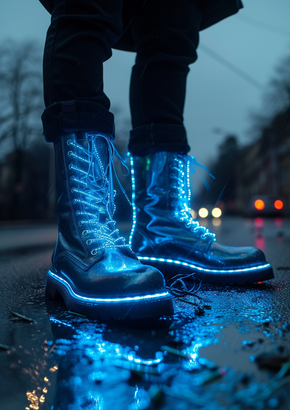 Cyber futuristic light spirituality men in black punk boots