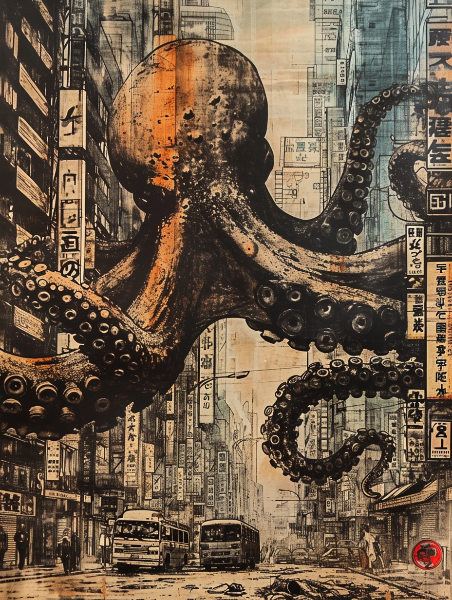 Image of a cyber punk octopus in a city with graffiti