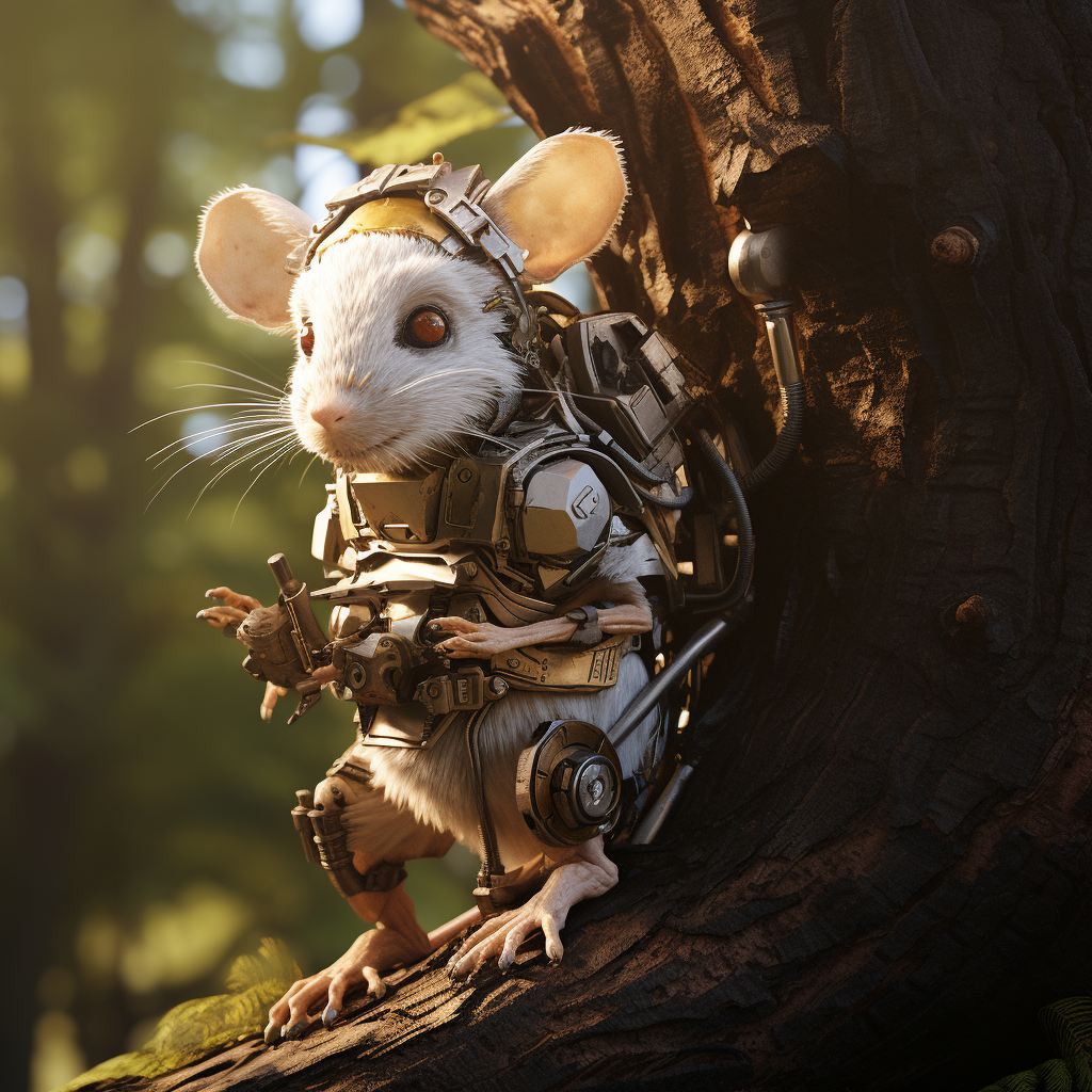 Cyber robot rat climbing tree stump