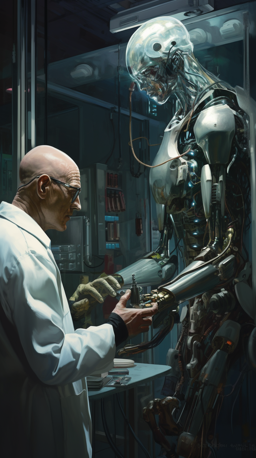 Cybernetic arm being checked by technician in workshop