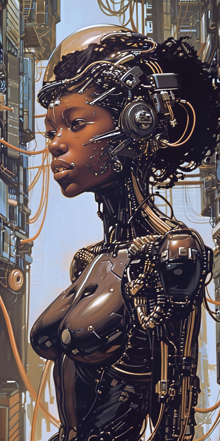 Cybernetic black woman integrated into mainframe