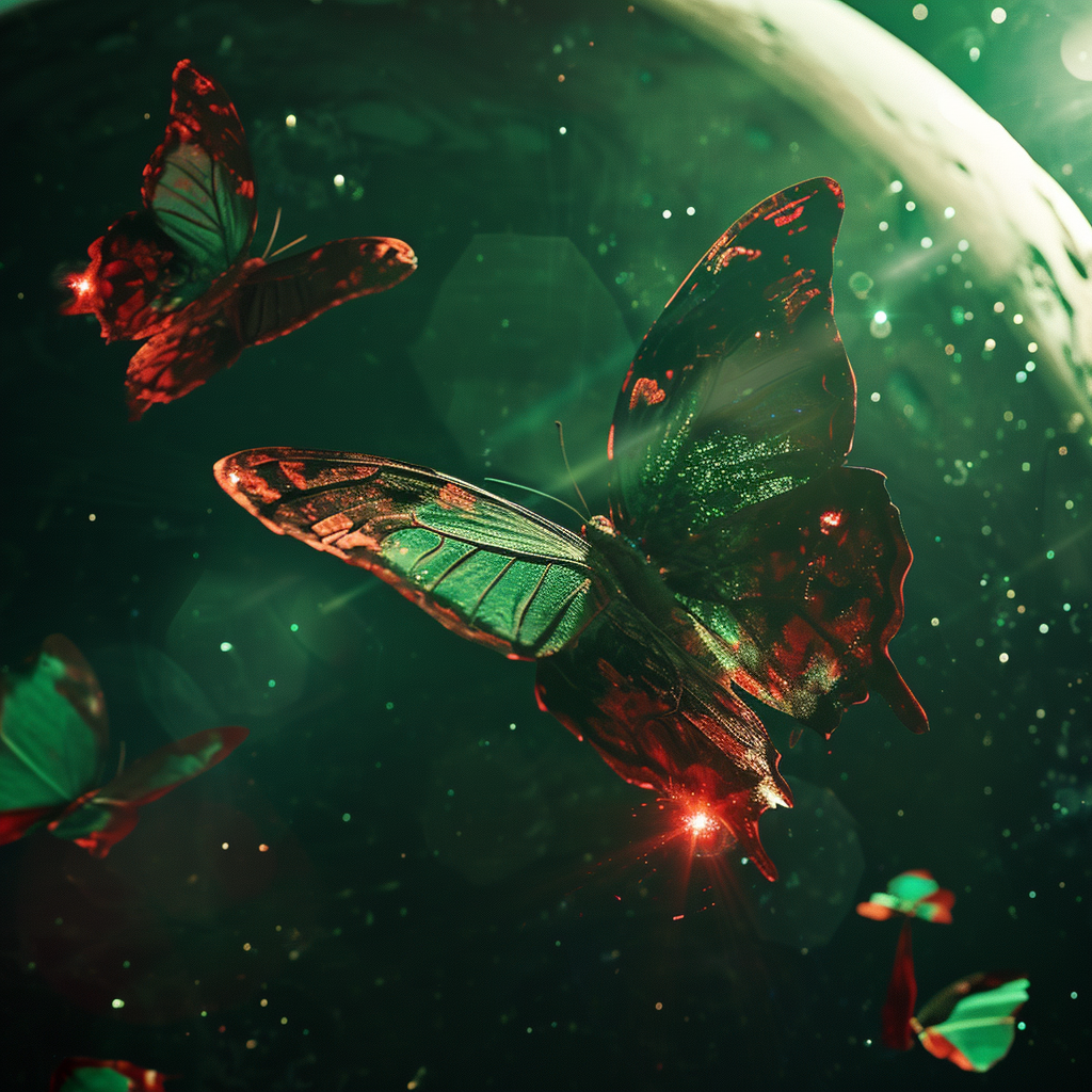 Cybernetic butterflies flying around Pluto in a cinematic shot