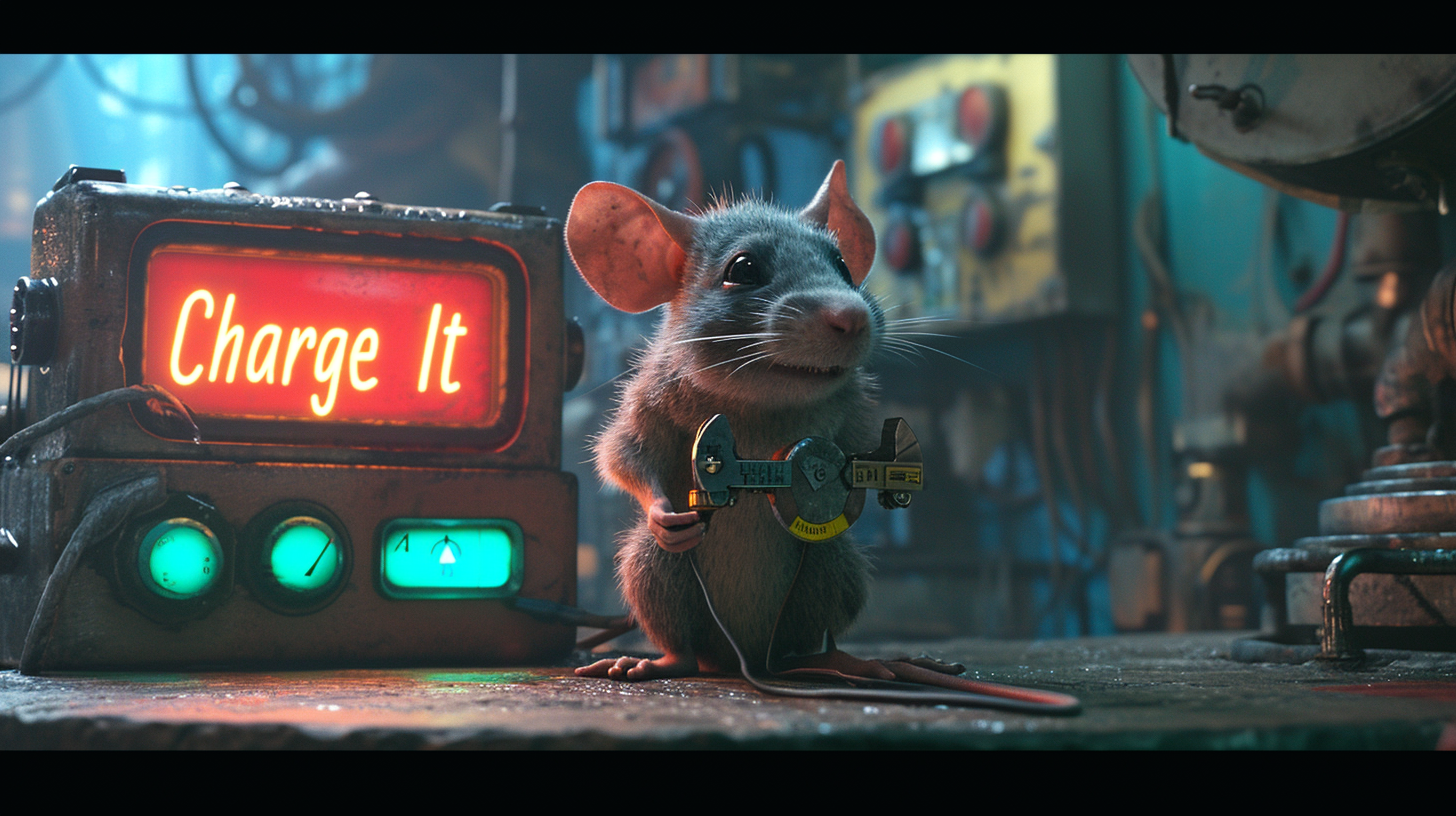 Cybernetic rat charging energy cell with 'Charge It' sign