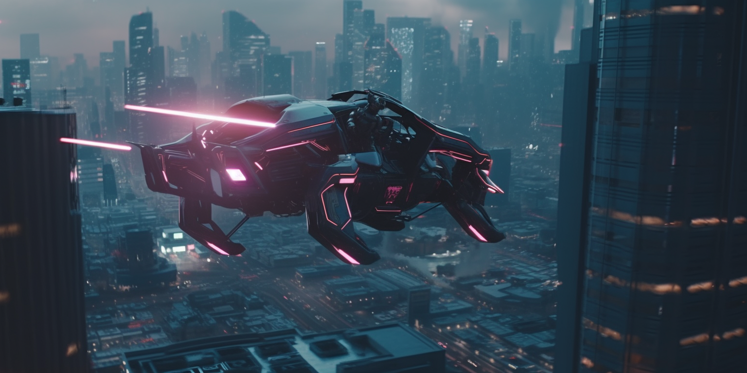 Cybernetic Soldier Leaping Futuristic Flying Car