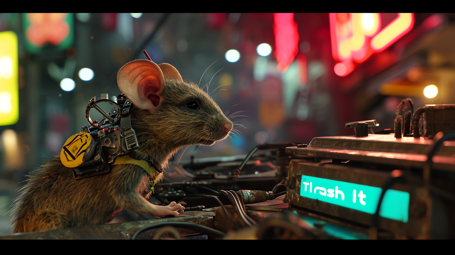 Cybernetic rat operating recycling drone with 'Trash It' sign