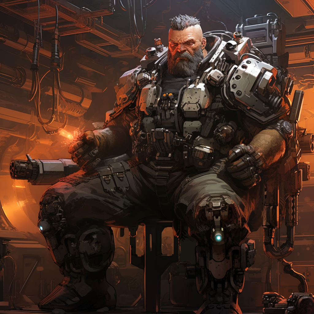 Burly man with cybernetic guns and launcher