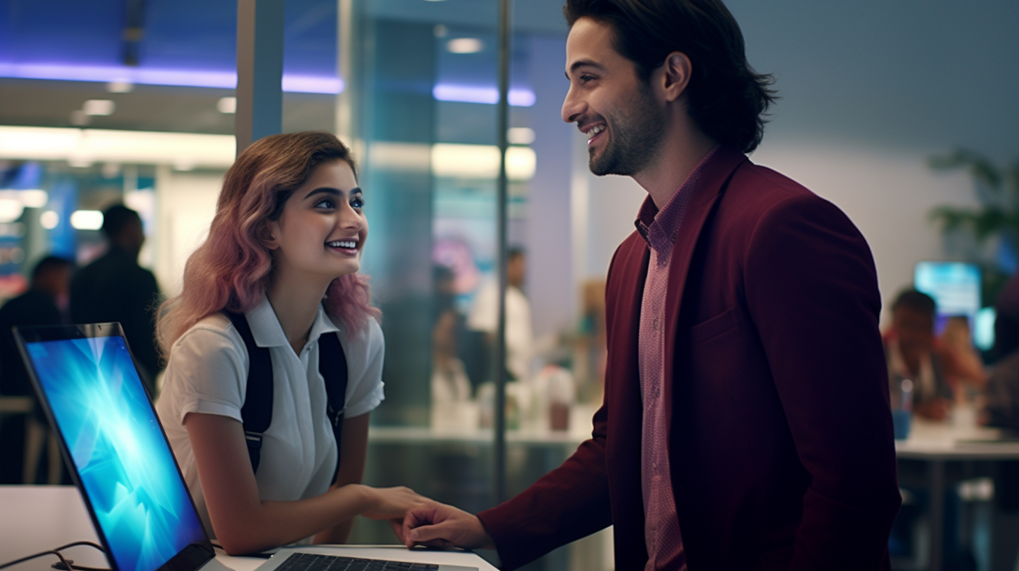 Man buying a Microsoft computer from a sales advisor