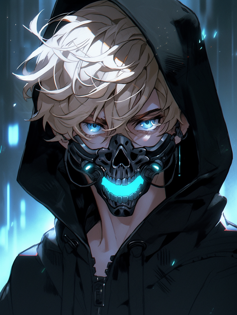 Anime boy with black hoodie and cyberpunk mask