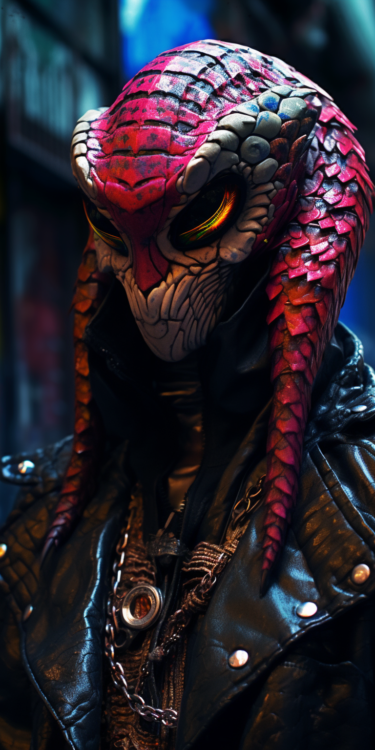 Cyberpunk anthropomorphic bush viper with vibrant scales and pretty eyes