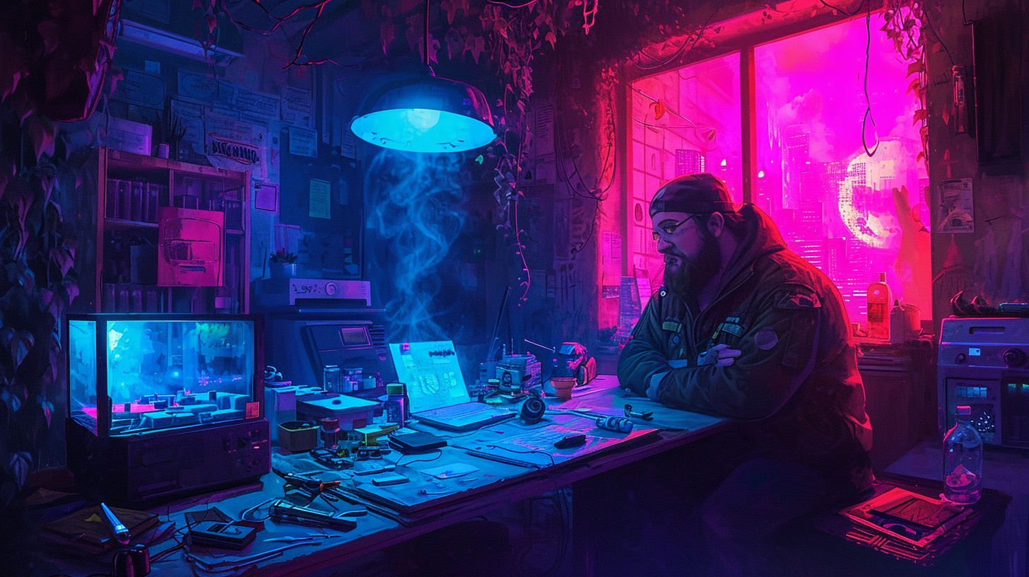 Bearded man with tools in cyberpunk neon workshop