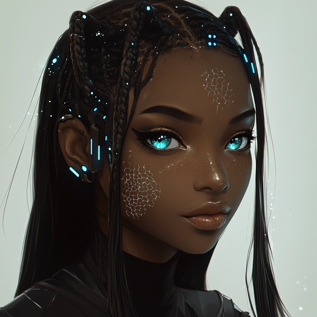 black girl with turquoise eyes cyberpunk