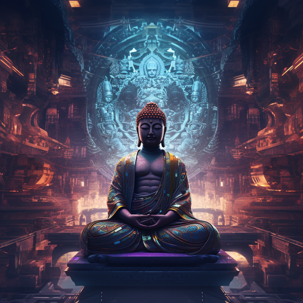 Cyberpunk Buddha in futuristic city