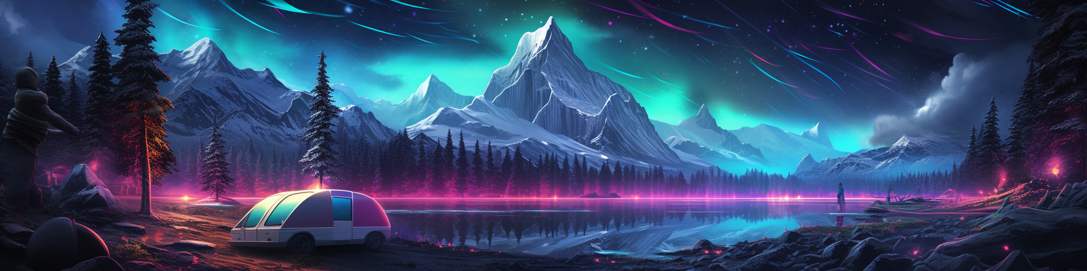 Futuristic cyberpunk camping scene with majestic mountains and neon trees