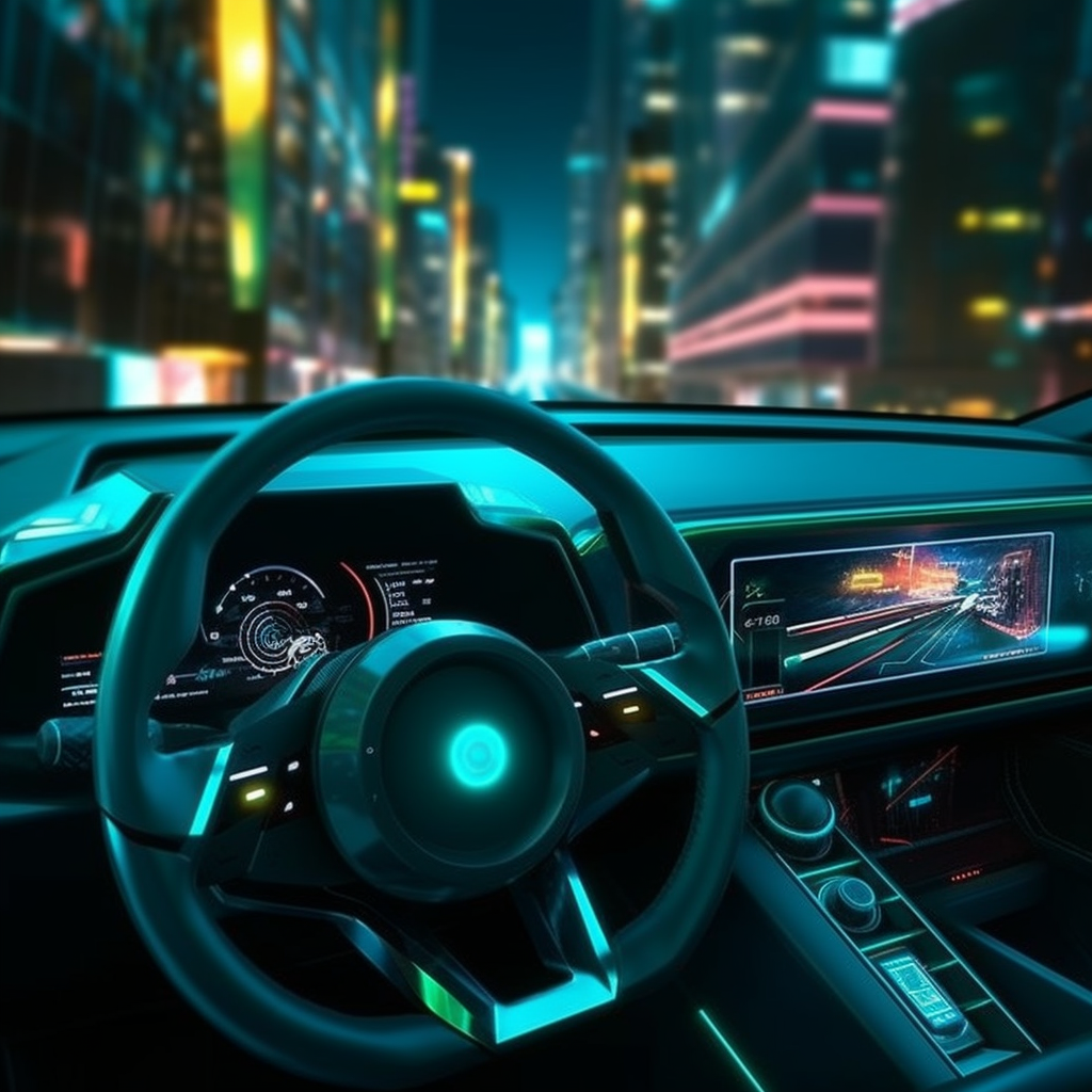 Glowing cyberpunk car steering wheel