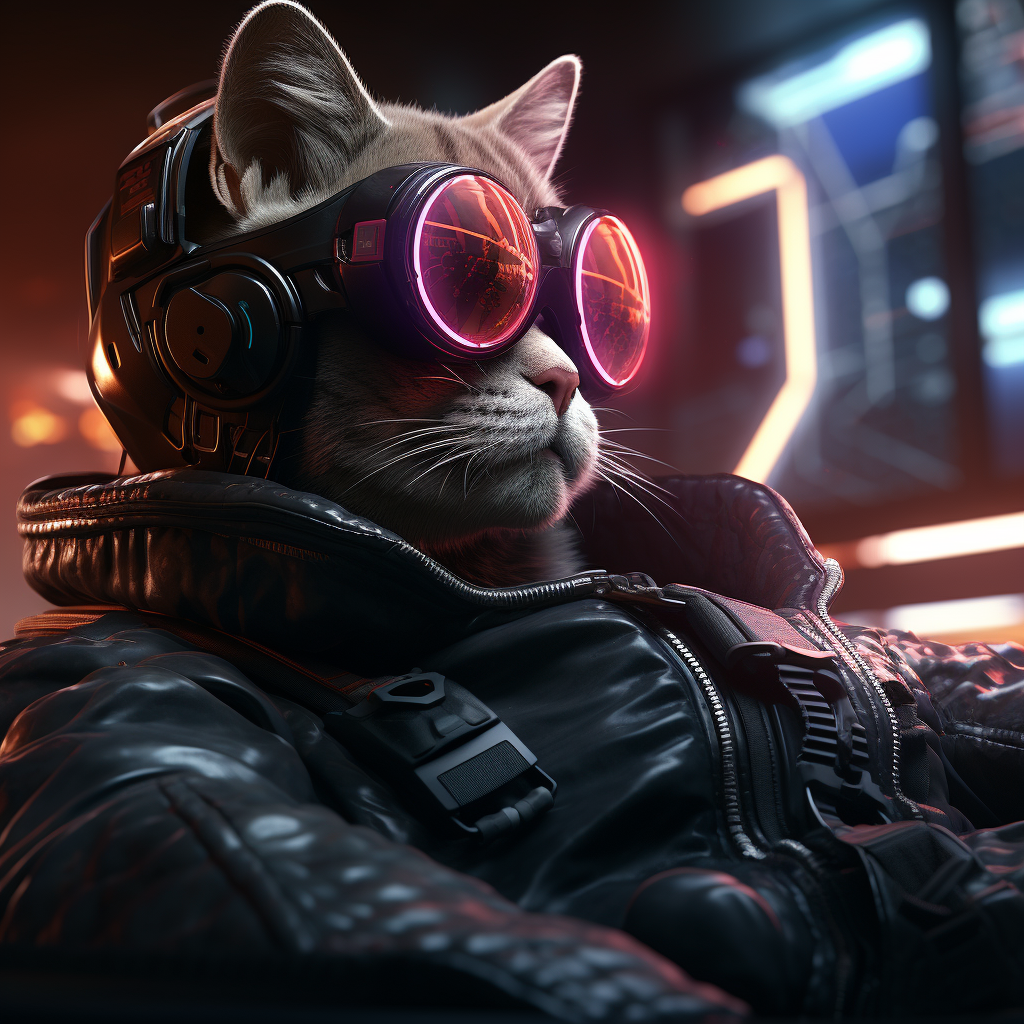 Cyberpunk cat dealing catnip in futuristic setting