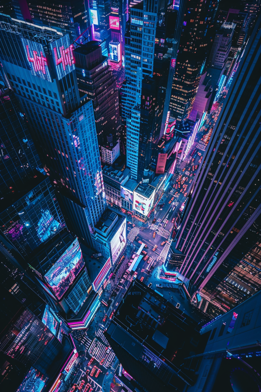 Cyberpunk city night skyline view