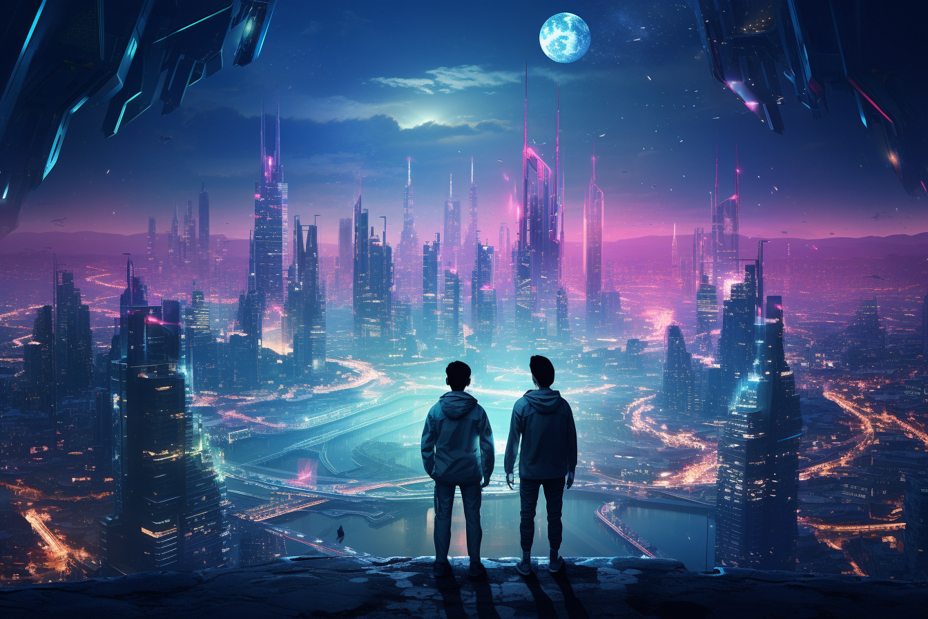 Boy and girl exploring cyberpunk city