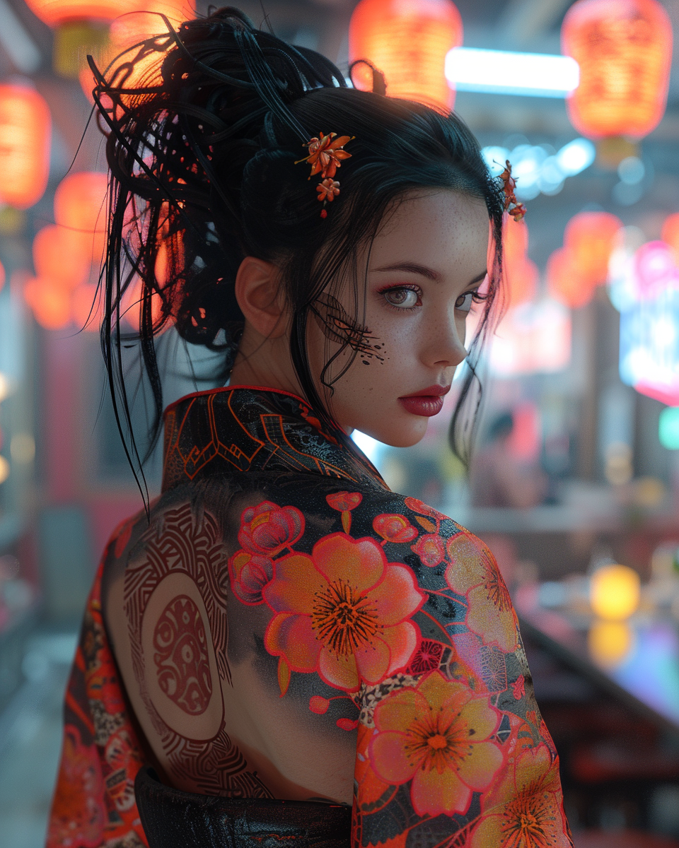 Cyberpunk City Geisha Neon Glow