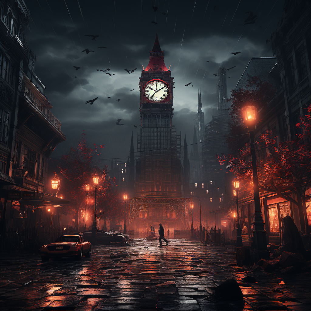 Cyberpunk city clock tower in gloomy ambiance