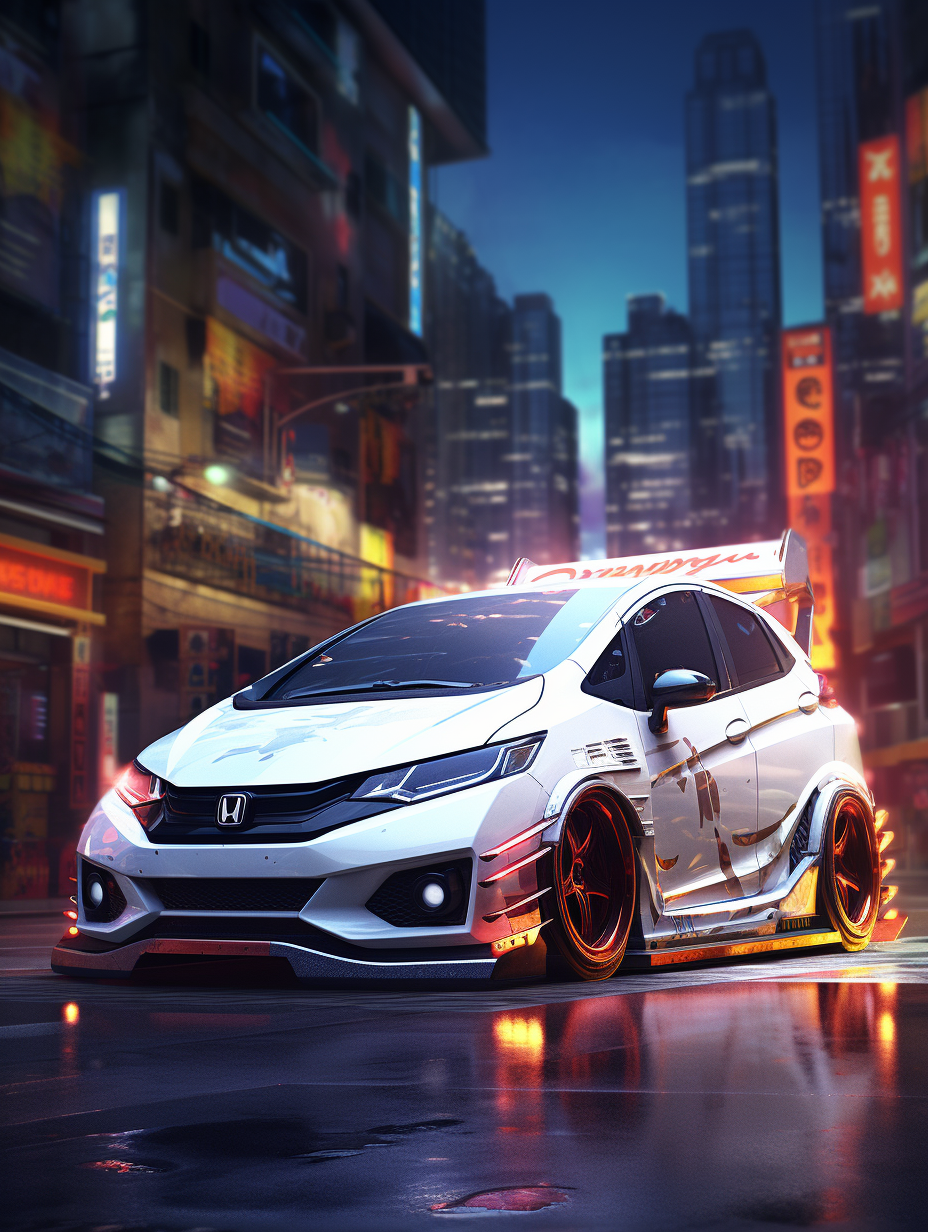 Tuned white Honda Fit in cyberpunk city