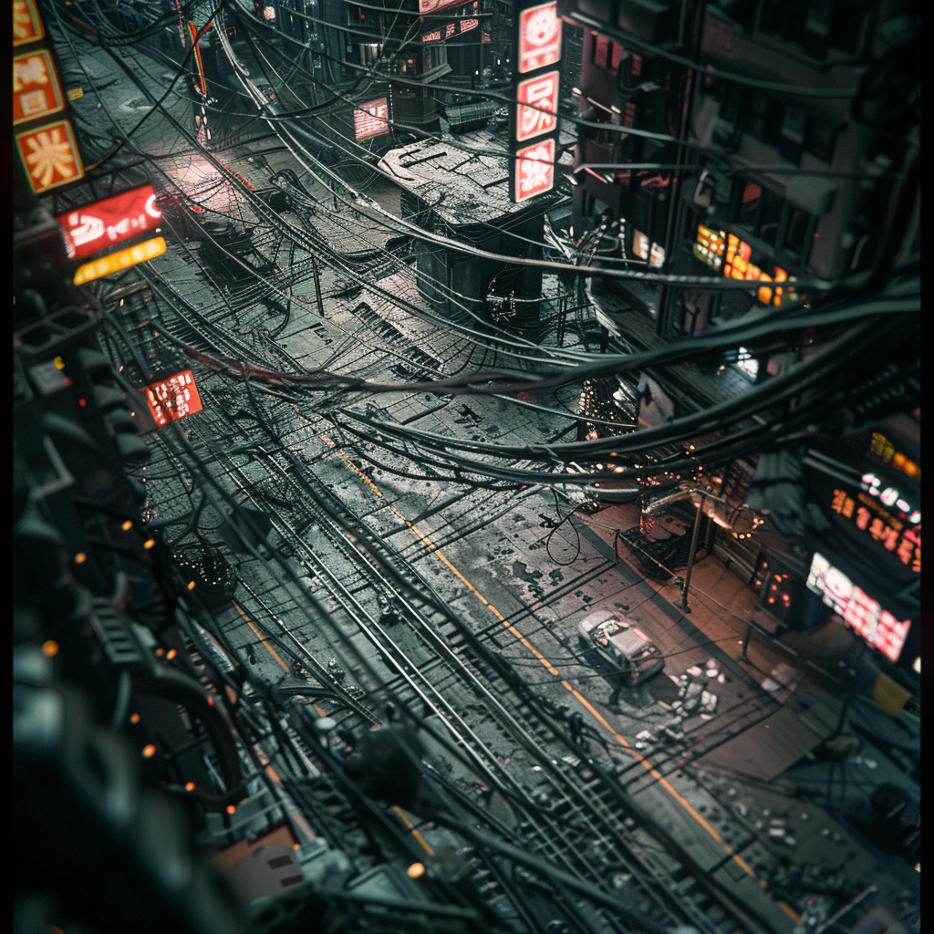 Cyberpunk city cables detailed view